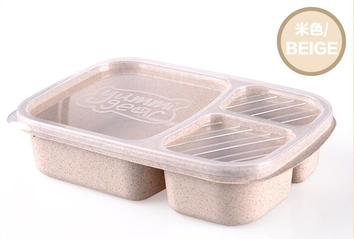 Draagbare Lunch Tarwe Stro Lunchbox Enkele Laag 3 Rooster Met Deksel Magnetron Voedsel Doos Biologisch Afbreekbaar Lunch Opslag Container: Beige