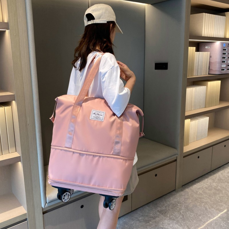 Bolsa de equipaje expandible con ruedas, paquete de lona con ruedas, maleta de viaje plegable, bolsillo con asa, bolsa de almacenamiento de equipaje de viaje húmeda y seca