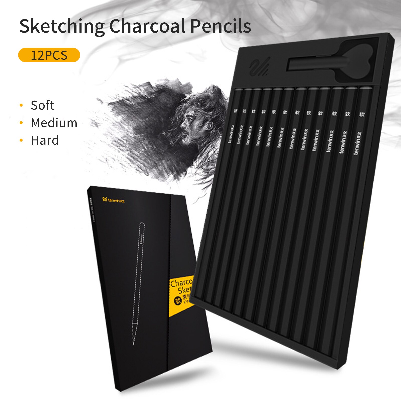 tenwin 12pcs Charcoal Pencils Set Sketching Pencils Soft Charcoal Pencils for Drawing Sketching Shading for Artists