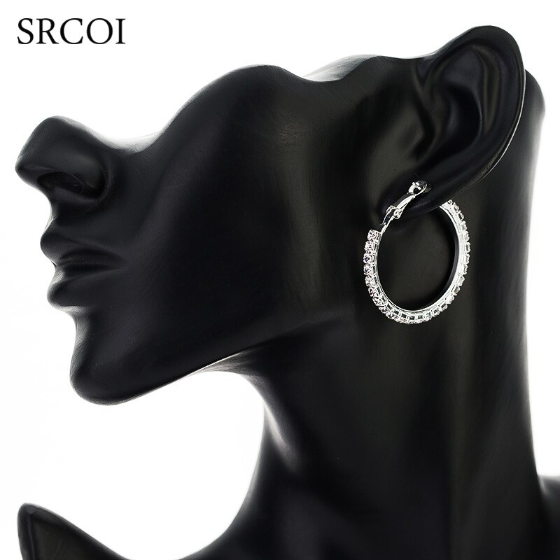 SRCOI Mode Grote Kristallen Oorbellen Hoops Grote Oorringen Zilver Oorbellen Rond Creolen Voor Vrouwen Cirkel Sieraden