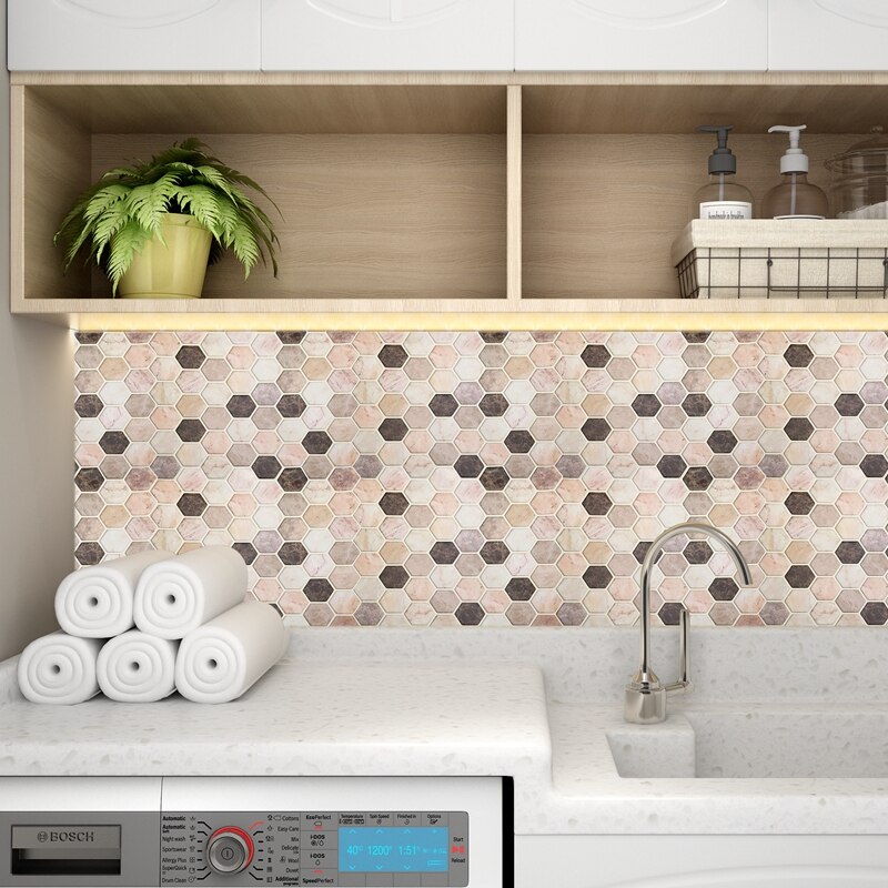 Carrelage hexagonal 3D en vinyle auto-adhésif, pour cuisine et salle de bain, dosseret, doux, nid d&#39;abeille (hexagone marron Beige)