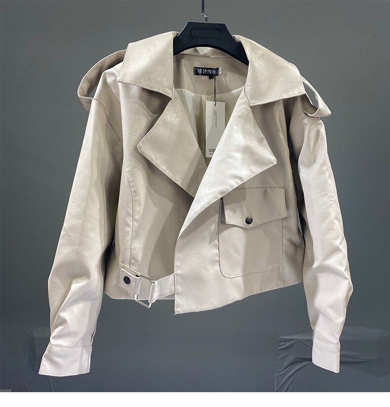 Rabatt grunnleggende essensielt løs høymidjet skinnjakke #39 kvinner med lange ermer streetwear jakkekrage elegante kåper til #39
