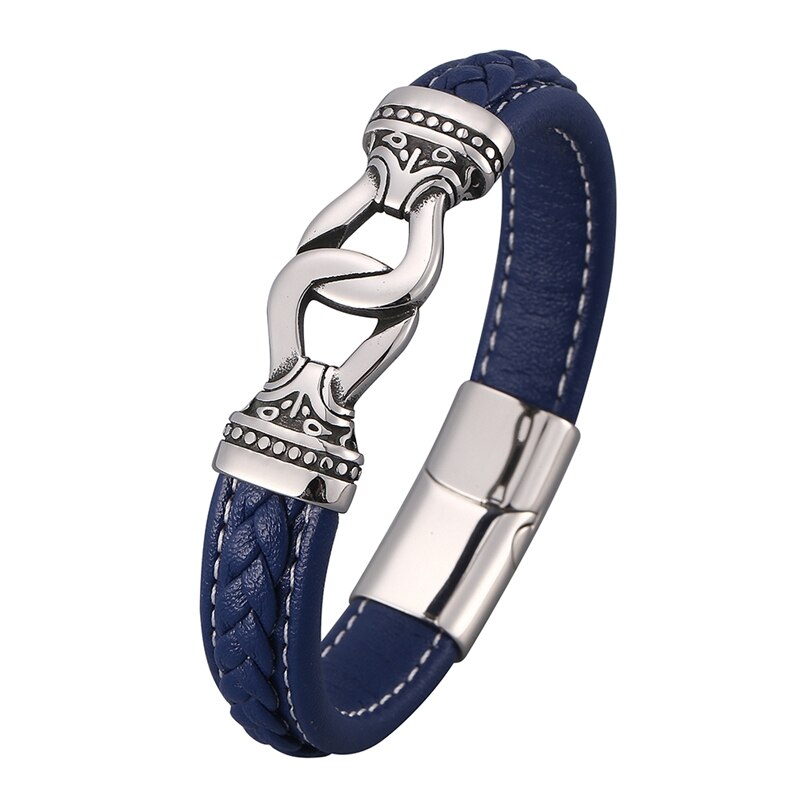 Pulseras de cuero azul hechas a mano para hombre, joyería de tótem Vintage, brazalete de hebilla magnética de acero inoxidable, pulsera Punk para hombre, SP0813: Inner Perimeter185mm