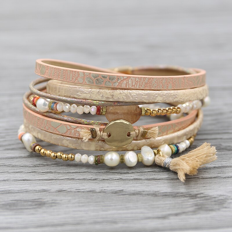 STRATHSPEY-Pulseras envolventes multicapa para mujer, pulsera de cuero con estampado de animales, brazalete Vintage de diamantes de imitación, joyería de cebra: Light peach