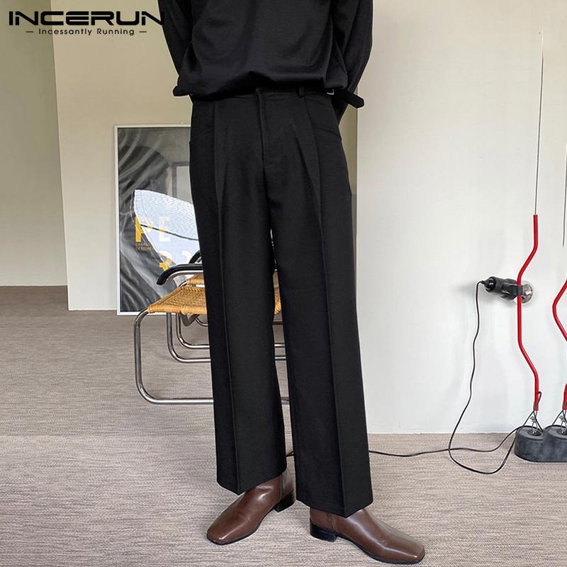 INCERUN Men Leisure Solid Color Pants Spring Casual Straight Trousers Man Loose Zipper Bottoms Korean Style Pantalones 5XL