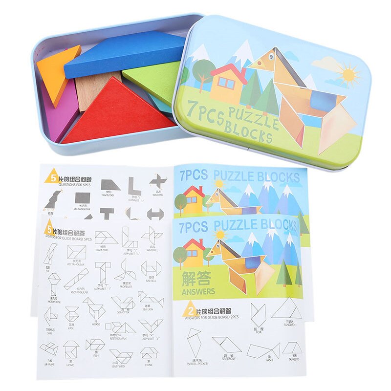 Legpuzzel van 7 stukjes, kleurrijk houten tangram vierkant, iq-spel, hersenkraker, intelligent educatief speelgoed voor kinderen.