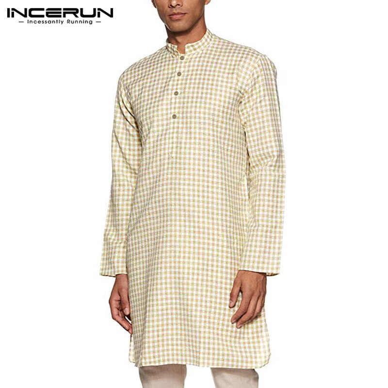 Herr rutig skjorta indiska kläder vintage långärmad ställning krage casual muslim streetwear herr långa skjortor kurta toppar plus size