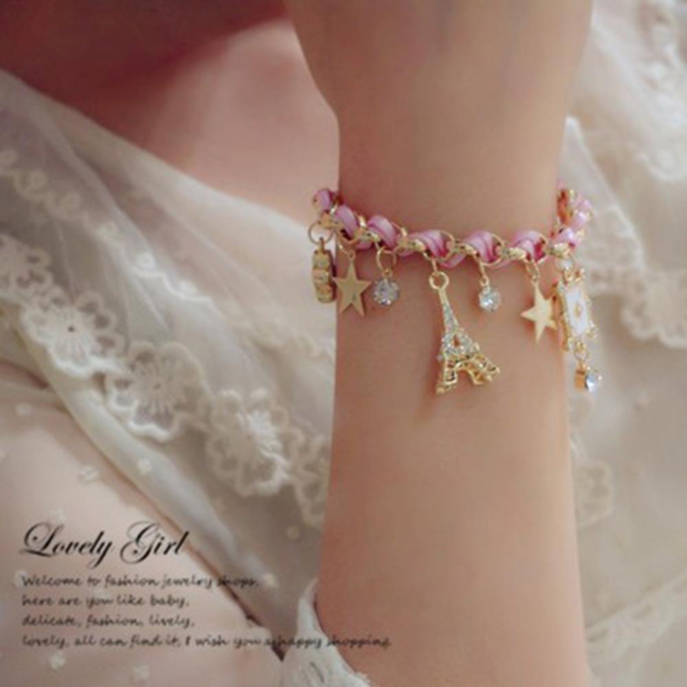 Women Flowers Bracelet chain Star Heart Paris Eiffel Tower Crown Poker Cute Bangle Leather Rope Chain Jewelery