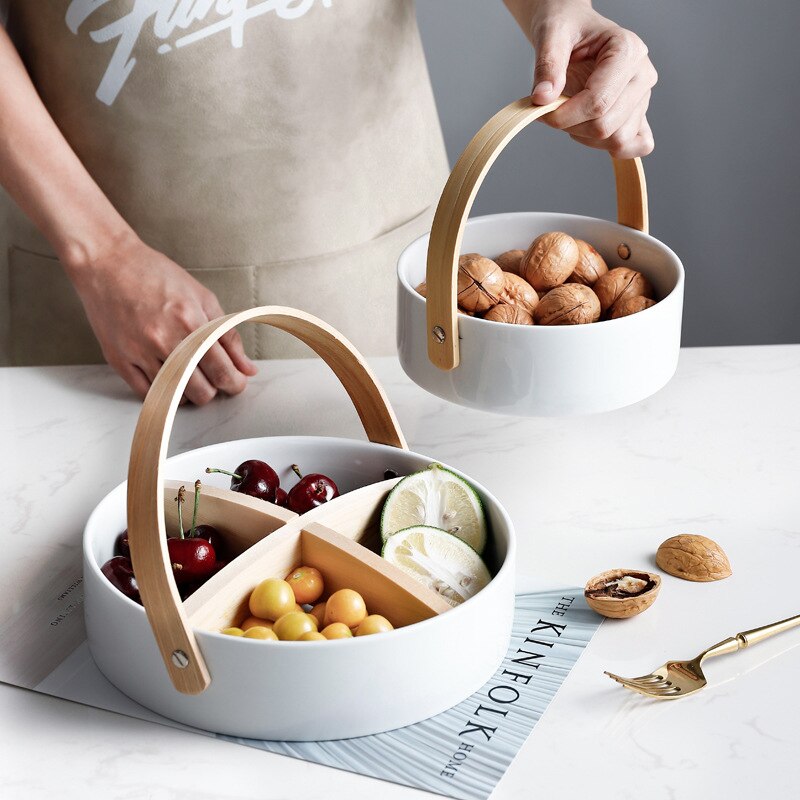 Nordic Ceramic Candy Dish Nut Candy Baskets Multi-grid Dried Fruit Nut Snack Storage Plates Kitchen Decorative Tray with Handle