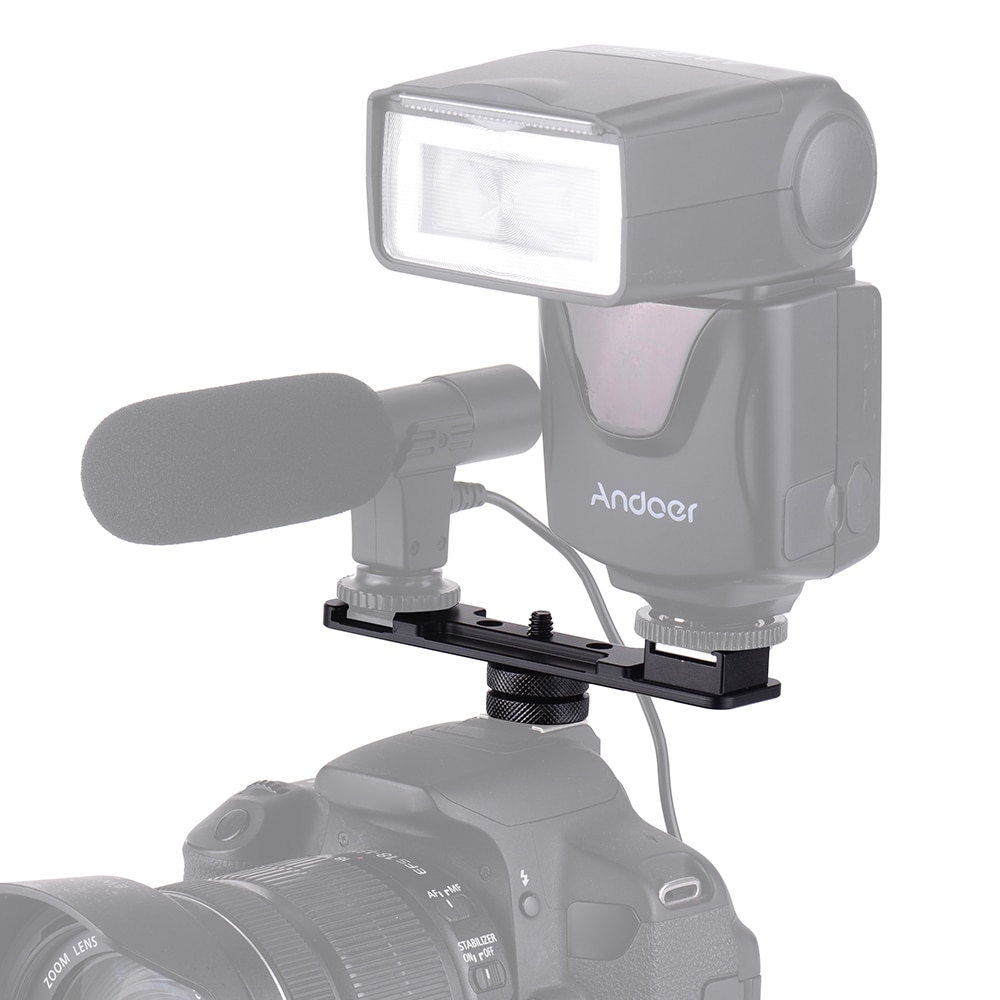 1/4 "parafuso monta dupla sapata quente barra de extensão suporte suporte flash suporte adaptador para flash speedlite led luz vídeo mic