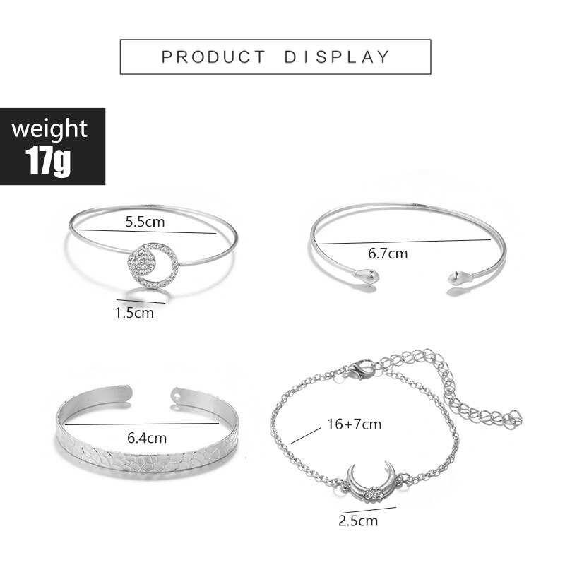 4 pçs/set lua redonda crytal pulseira abertura prateado geométrica corrente pulseira conjunto moda feminina jóias