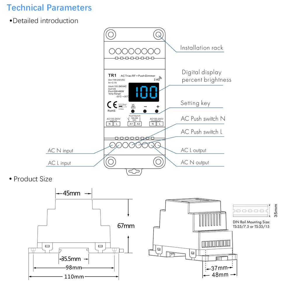 Dimmer LED 220V 230V 110V AC Triac Wireless Wifi RF Dimmable Push Switch with 2.4G Remote Dimmer Switch DIN Rail LED Lamp Bulb
