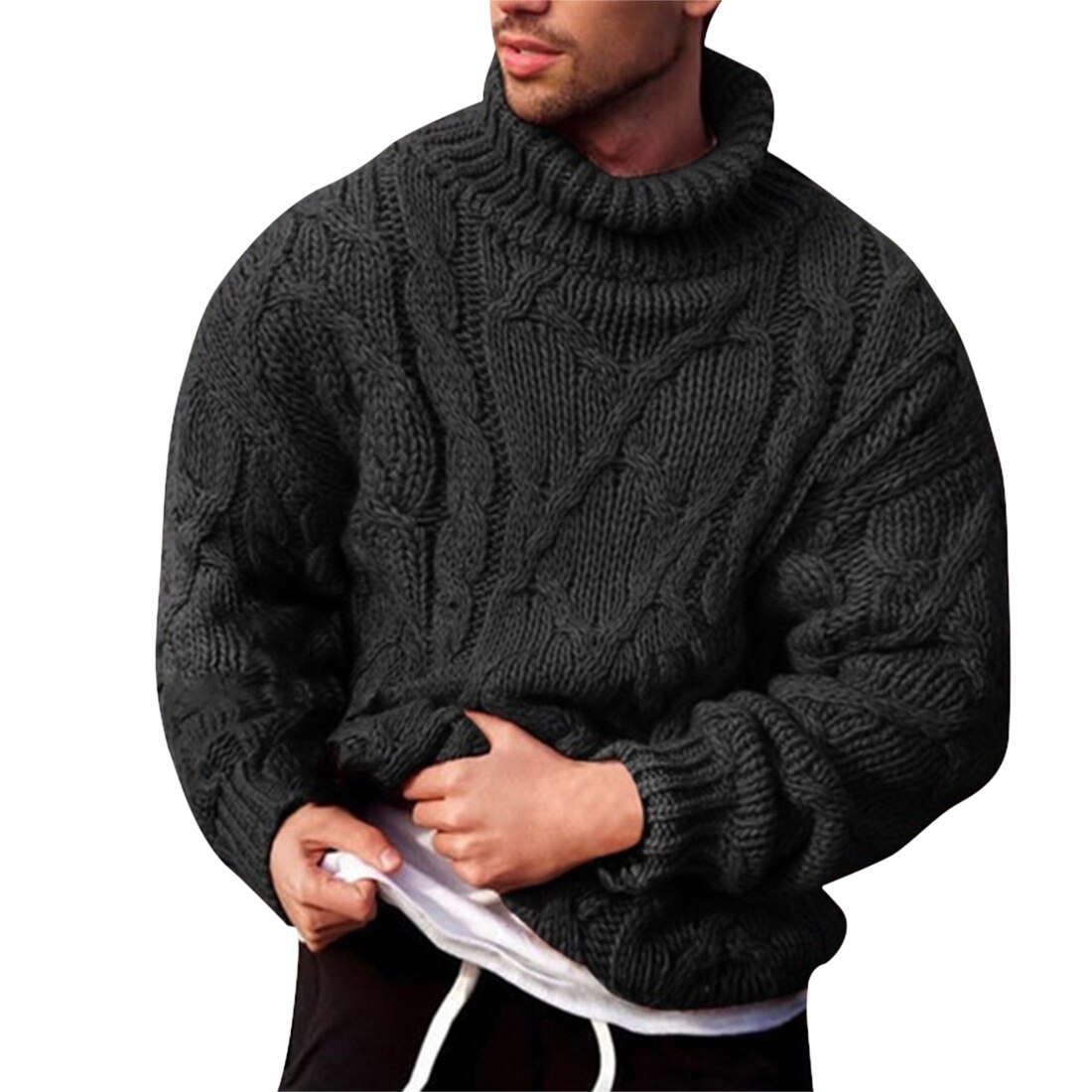 chandail hommes Pull tricots Pull Homme col roulé tricoté chandails décontracté couleur unie automne hiver: black / Asian Size XL