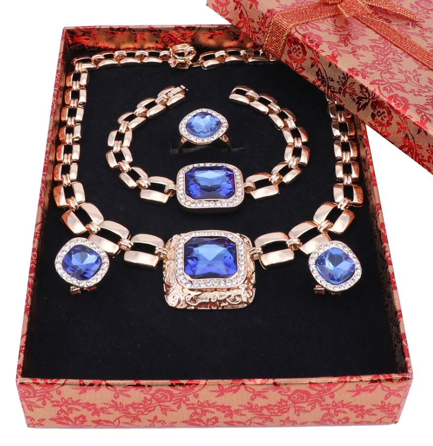 Afrikaanse Kralen Sieraden Sets Voor Vrouwen Jurk Accessoires Goud Kleur Crystal Wedding Bridal Ketting Oorbellen Armband Ring Sets: Blue Add Box