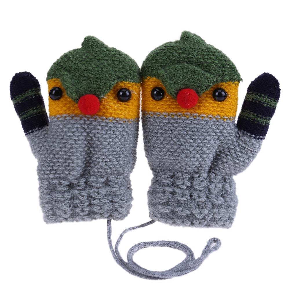 Inverno de malha crianças luvas bonito dos desenhos animados pássaro quente macio crianças luvas criança dedo cheio do bebê meninos meninas mittens: Grey