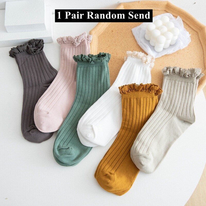 Japanese Style High School Students Loose Long Socks Solid Lacework Frilly Ruffle Socks Sweet Girls Kawaii Cute Woman Socks Sox: 1 Pair Random Send
