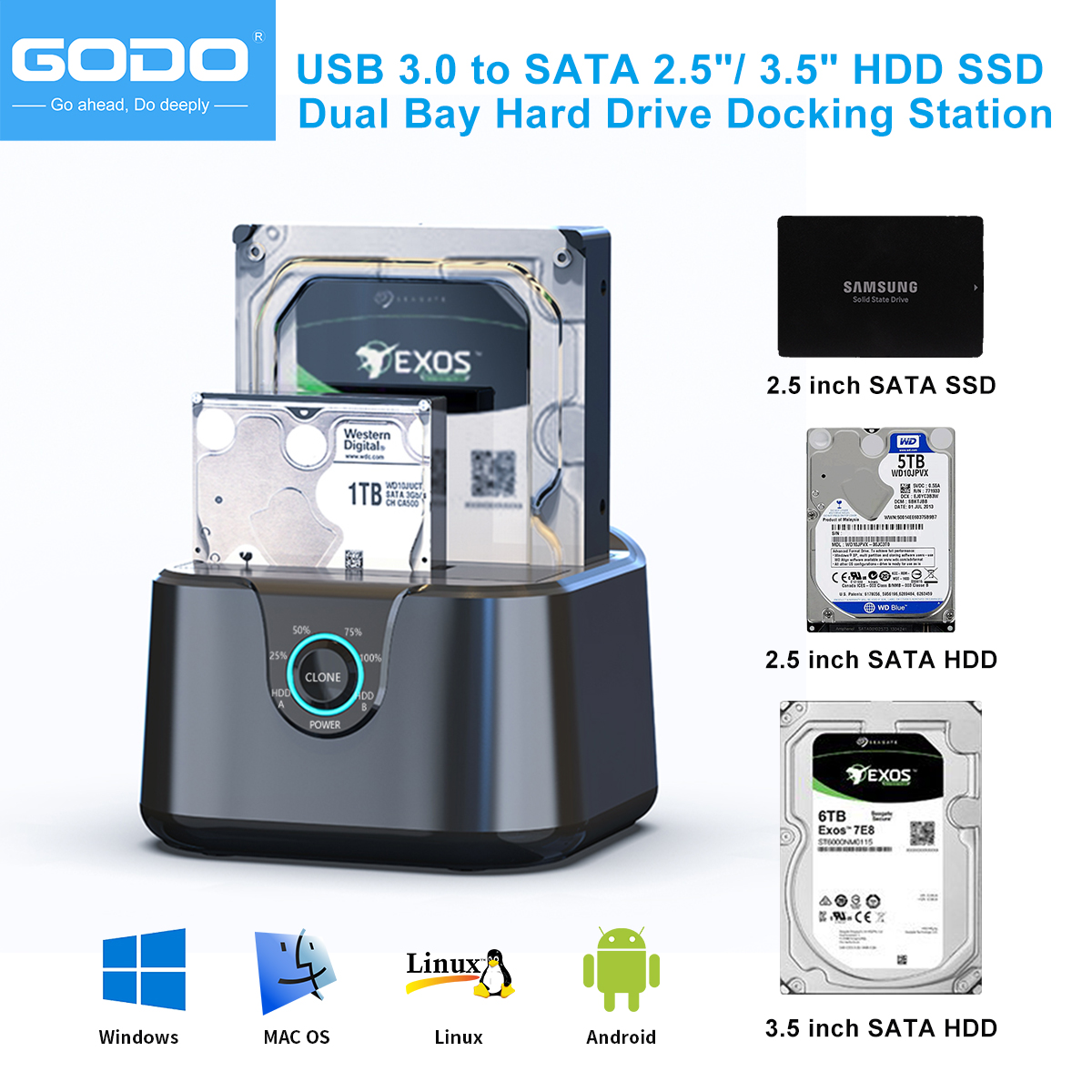 GODO Hard Drive Docking Station to USB 3.0 Type C ,Dual Bay Hard Drive Dock for SATA 2.5 / 3.5 inch HDDs/SSDs with LED Indicator
