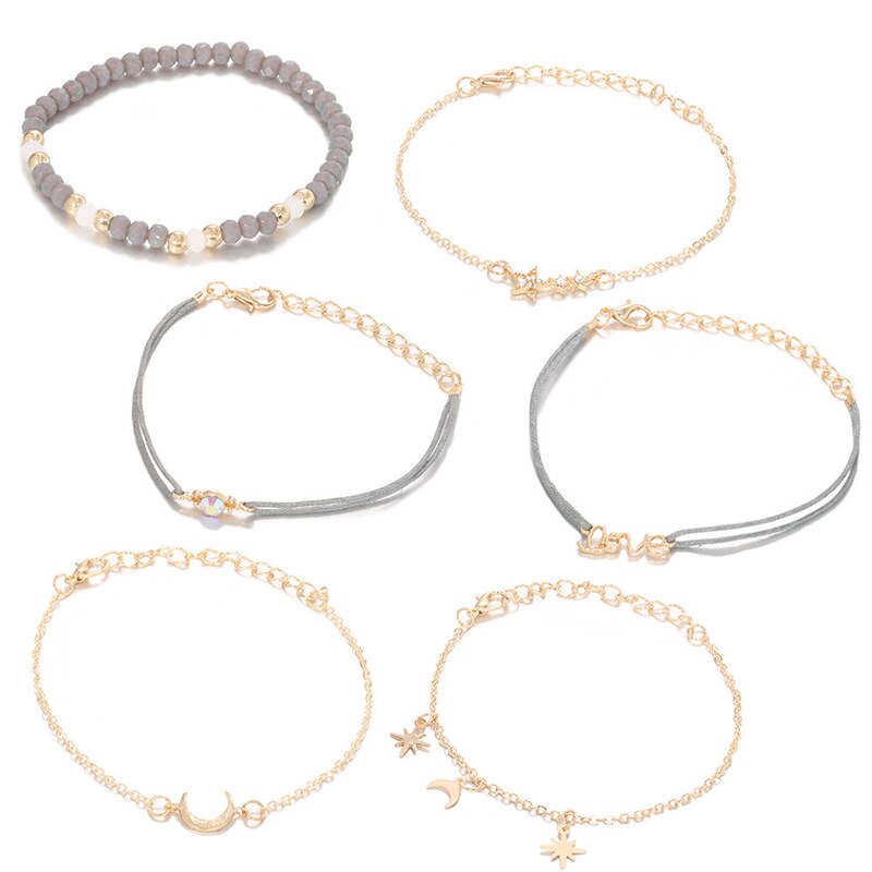 6 Stks/set Boho Moon Star Touw Ketting Armband Set Crystal Bead Brief Liefde Verstelbare Armbanden Voor Vrouwen sieraden