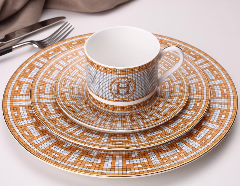 Ceramic Dinner Plates Geometric Pattern Ceramic Dish Dinner Plate Yellow Grid Dinnerware Set dessert plate dinnerware cake plate