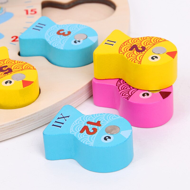 Colorful Baby toy Learning Education Wooden Clock Toy Cartoon Penguin Mermaid Fishing Game Clock Number Time Funny Gadgets Toys