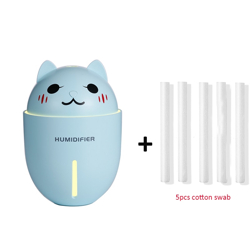 3 i 1 320ml usb luftfukter ultralyd kul-tåke bedårende kjæledyr mini luftfukter med ledet lys mini usb vifte: Blå og 5 filtre