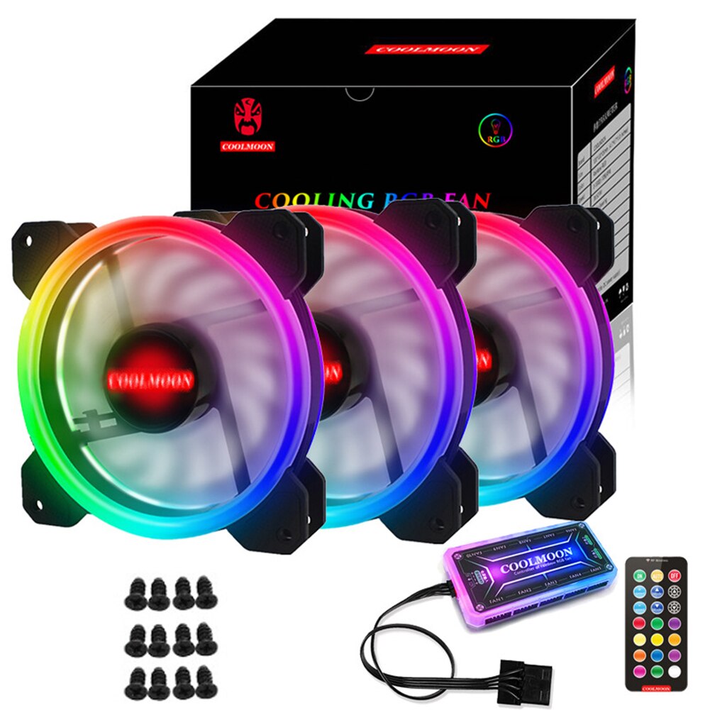 Coolmoon Case Fan PC Cooling RGB Fan with IR Remote Quiet Computer Case CPU Cooler and Radiator Computer Components 120mm fan: 3fans1controller