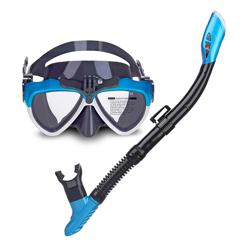 Professionele Duikbril Scuba Snorkel Zwemmen Goggle Droog Snorkel Buis Set Mannen Vrouwen Anti-Fog Bril Met Camera Gopro houder: Blue