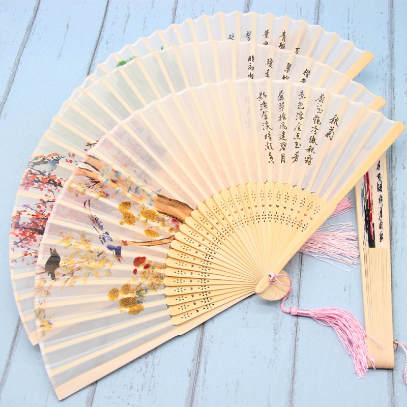 Echte Seide Frau Chinesischen Bambus Fan Sommer Fan Antike Falten Dance Fan Vintage Hochzeit Gefälligkeiten Und Bambu Hand Fans mariage