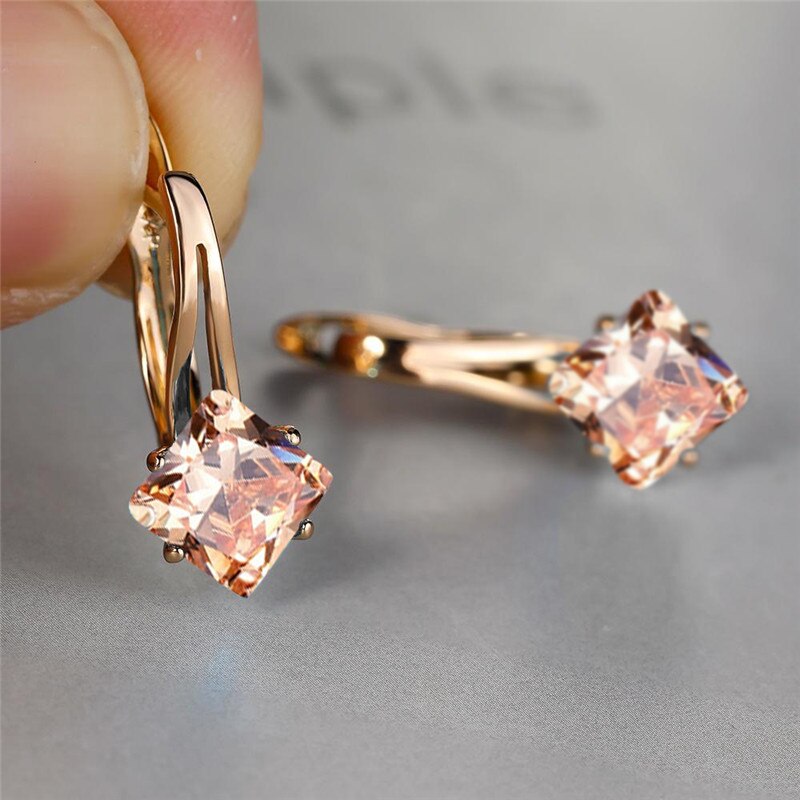 Brincos de casamento de cor de ouro rosa antigo arco-íris zircão quadrado brincos de pedra moda multicolorido cristal hoop brincos para mulher: Champagne