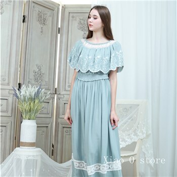 Homewear Nightgowns Feminino Sólida Vestido Sono Vestido Camisola Mulheres 2019 Vestidos de folha de Lótus colarinho Sleepwear Tornozelo-comprimento: green