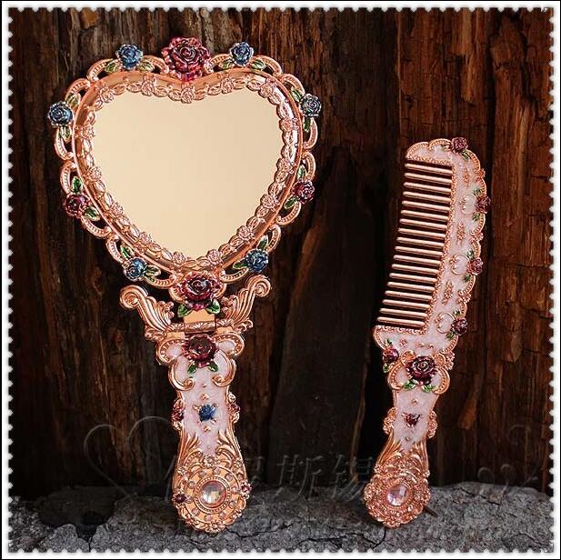 Europæisk vintage hjerteform håndspejl makeup spejl ramme lomme spejl hjerte spejl til pige  j034