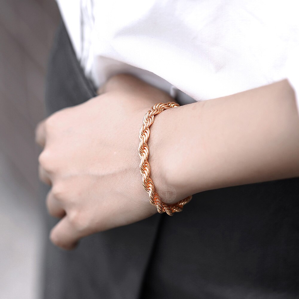 5/6mm 585 Rose Gold Twisted Rope Link Chain Bracelet for Women Men Party Wedding Jewelry Female Accessories 20cm DCB47