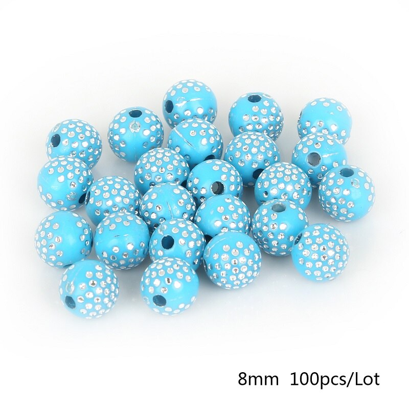 100 stk 8mm farverige runde akrylperler rhinsten charme perler til smykkefremstilling gør-det-selv håndværk scrapbog dekoration: Turkis