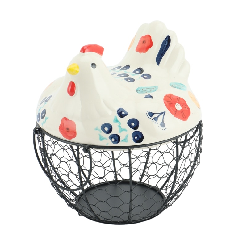 Chicken Egg Storage Skelter Baskets for Fresh Eggs, Metal Mesh Wire Ceramic Egg Holder Countertop Organization