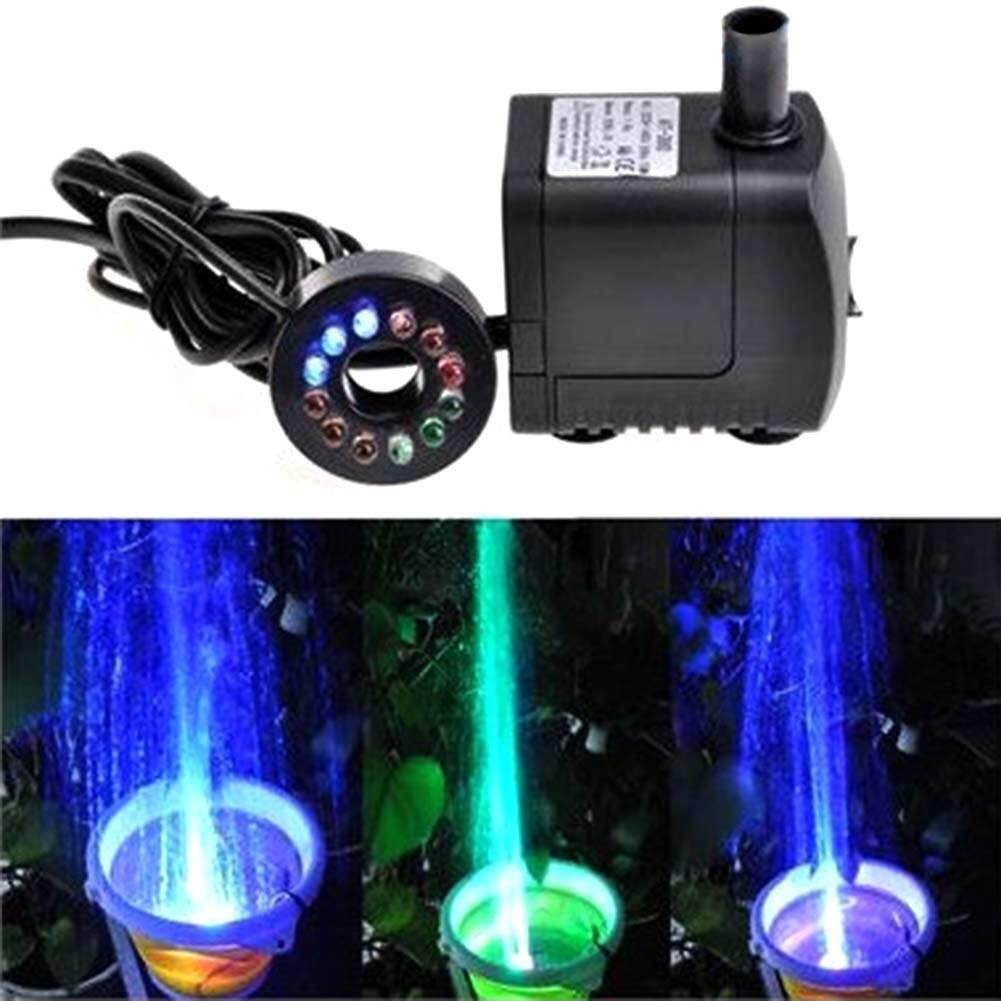 15w multifunctionele aquariumfonteinpompen, praktische klassieke visvijverdompelpomp met 12 led-lampjes, eu-stekker