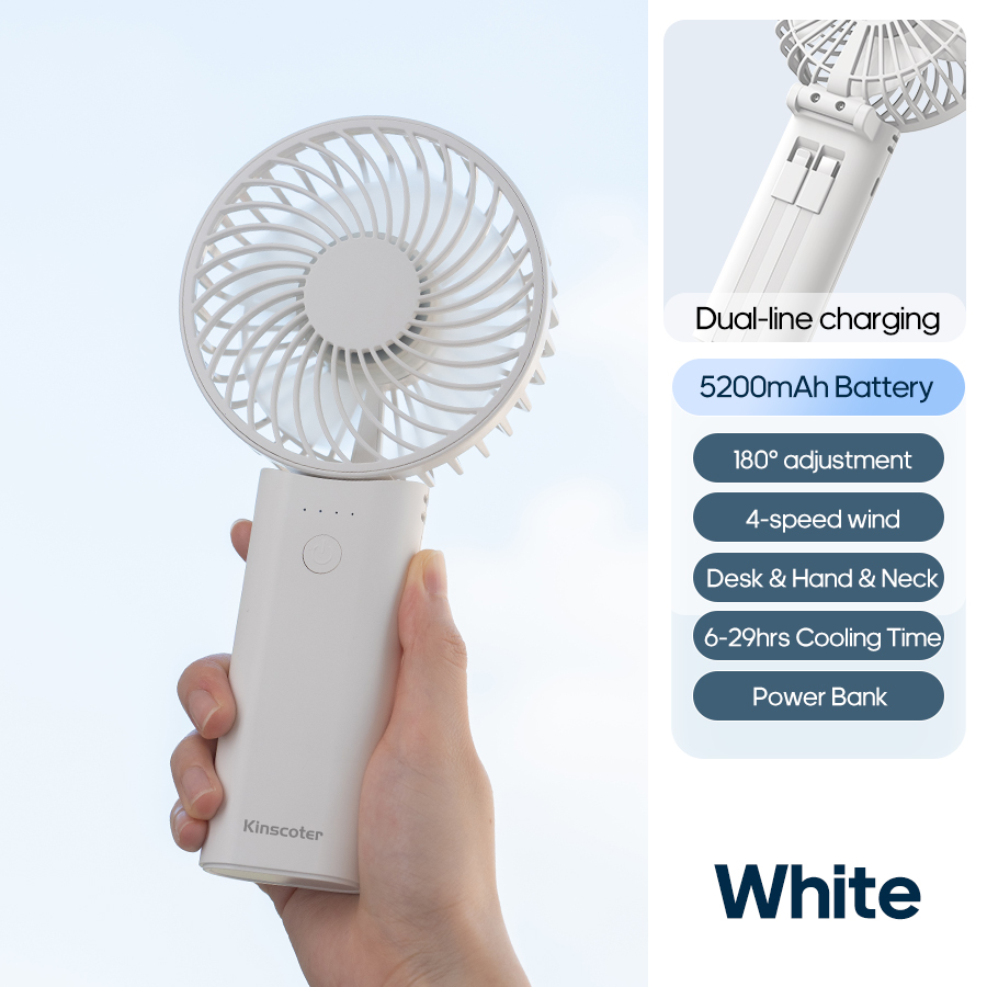 ventilador de mano multifuncional, ventilador eléctrico de refrigeración recargable de 5200mAh, ventilador de escritorio plegable de 4 velocidades con banco de energía de doble cable: BLANCO