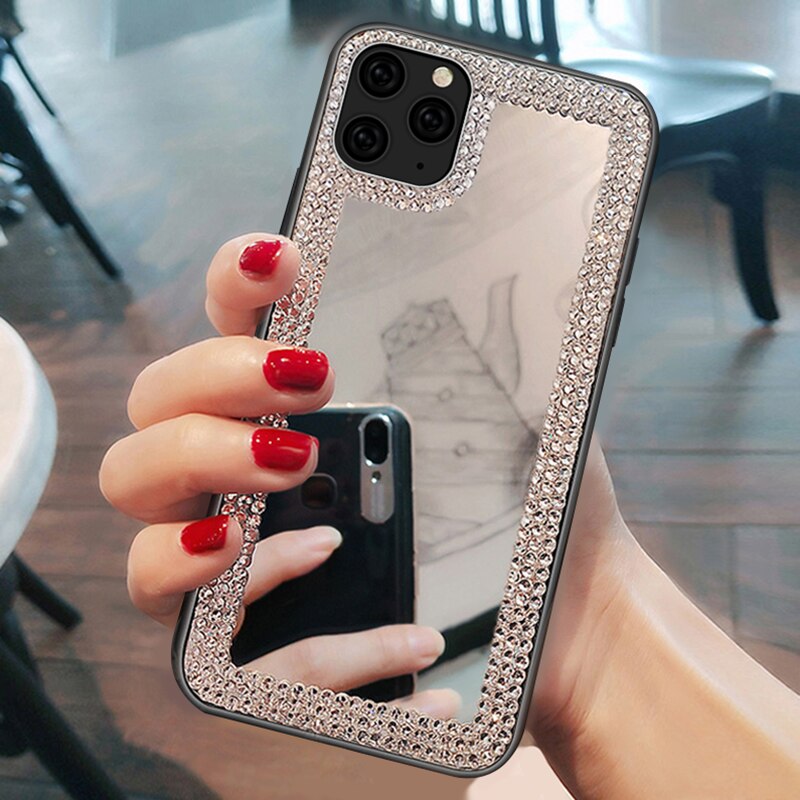 Luksus rhinestone diamant spejl telefon etui til iphone 13 11 pro max x xr  xs 12 blødt stødsikkert cover cover til iphone 7 8 plus