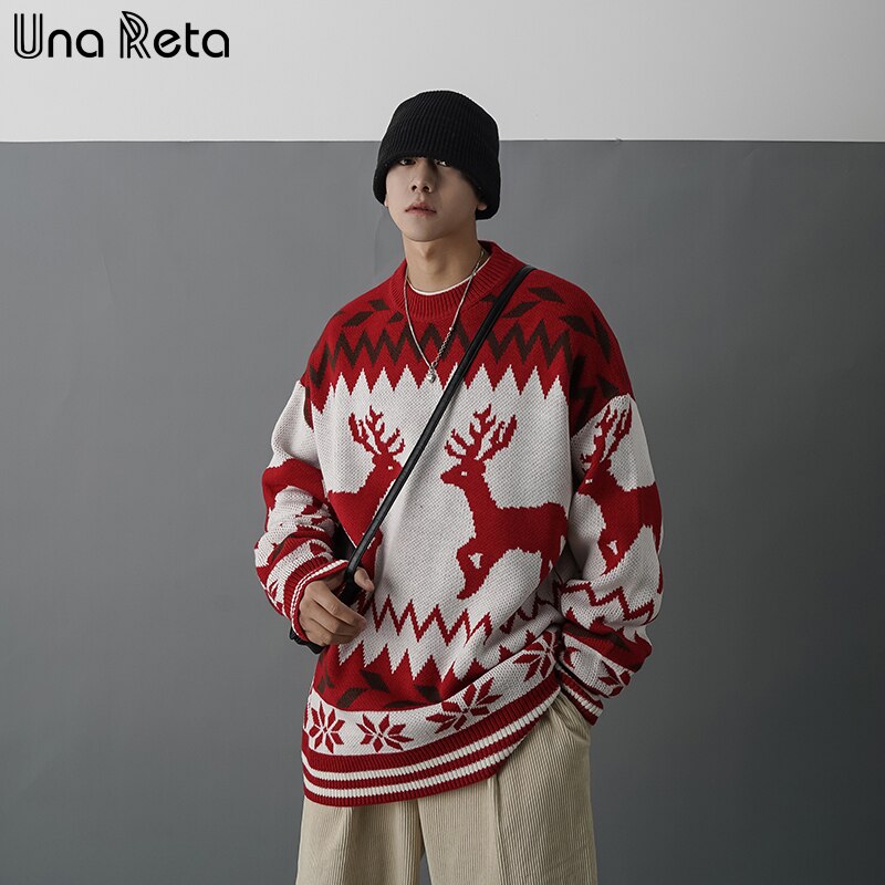 Una reta sweater mænd patchwork julesweater mænd tøj print pullover mænd pull homme vintage par sweater: Rød / M