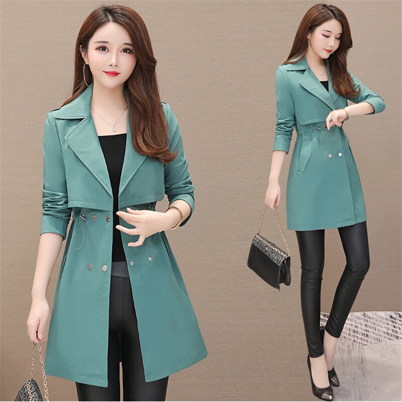 Mid-length Women's Trench Coat Suit Collar Korean Long Sleeve Drawstring Windbreaker Female Outwear Pink H131