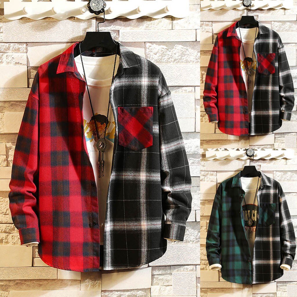 Koszule męskie jesień Plaid Patchwork koszula z guzikami człowiek malowanie Top na co dzień mężczyzna kołnierz na dół bluzka biznes płaszcze casualowe 19Nov07