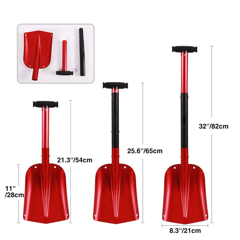 Aluminum Lightweight Snow Shovel for Car Emergency, 21Inch -32Inch Durable Compact Collapsible Snowboard Shovel,Red