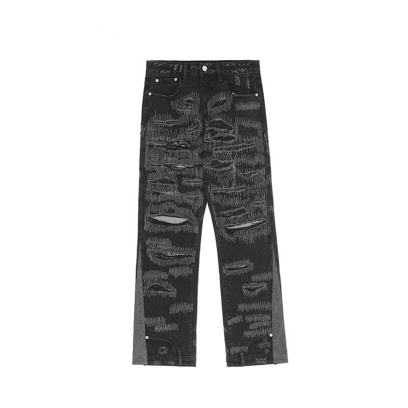 High Street Patchwork Jeans Men Black Hip Hop Streetwear Punk Denim Pants Harajuku Oversized Ripped Straight Loose Trousers