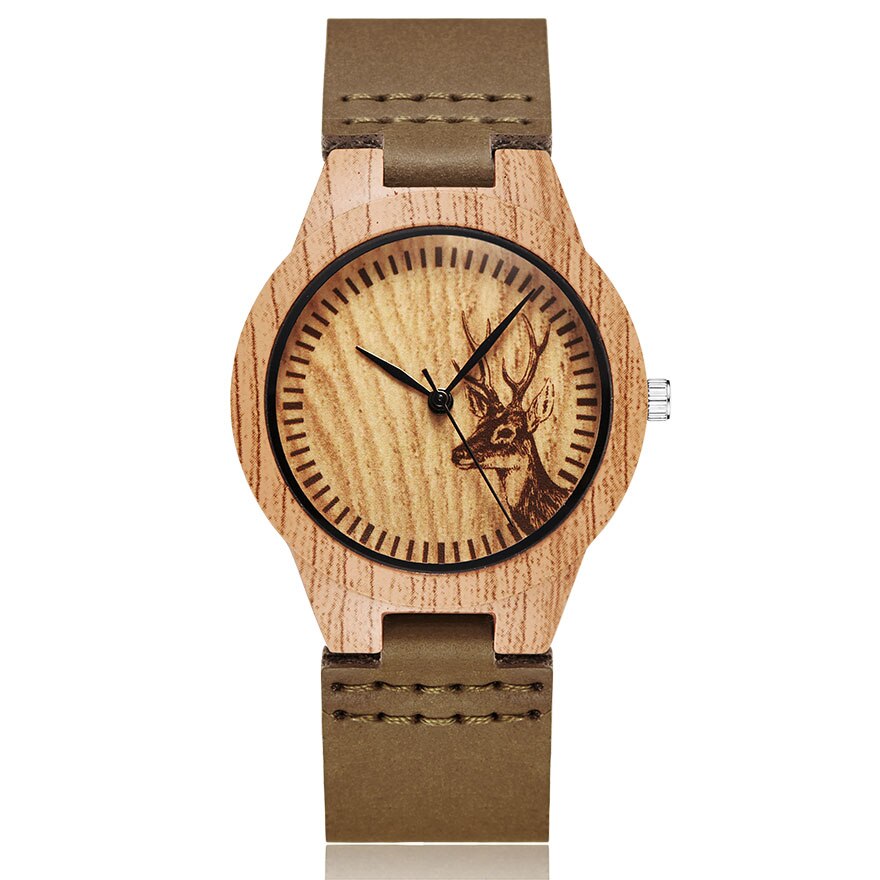 Reloj de pulsera de madera de imitación de árbol y ciervo para hombre y mujer, cronógrafo de imitación de Animal, caja acrílica, color marrón: Deer watch