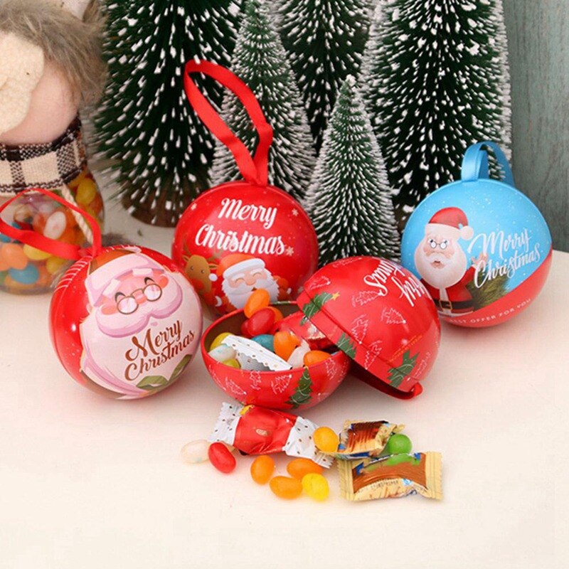 1Pcs Kerst Snoep Box Kerstboom Opknoping Bal Ornament Hanger Ronde Bal Bonbondoos Xmas Snoep Verpakking Blikken Doos navidad