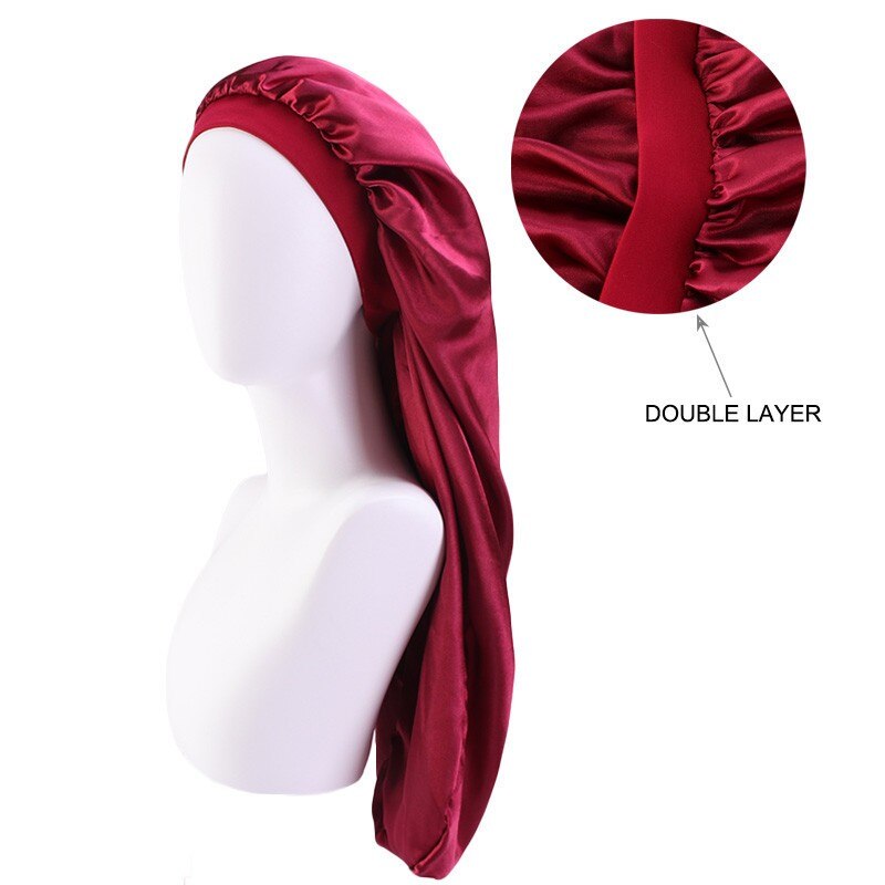Gorro de satén de doble capa Extra grande, gorro cilíndrico largo para dormir de noche, cubierta para cabeza, turbante, complemento de cabeza para musulmanes africanos: Wine Red