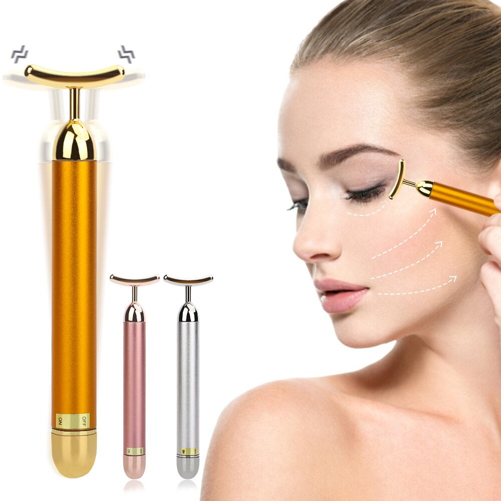 24k Golden Facial Roller Massager T Shape Vibrating Face Lifting Energy Beauty Bar Body Skin Massage Device Face Care Tools