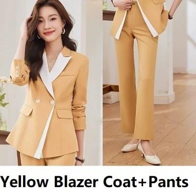 Conjunto de traje de Color de contraste rojo, amarillo y azul, de otoño 2023, nuevas chaquetas ajustadas de oficina para mujer, trajes con pantalones pitillo de cintura alta a la: XXL / YELLOW