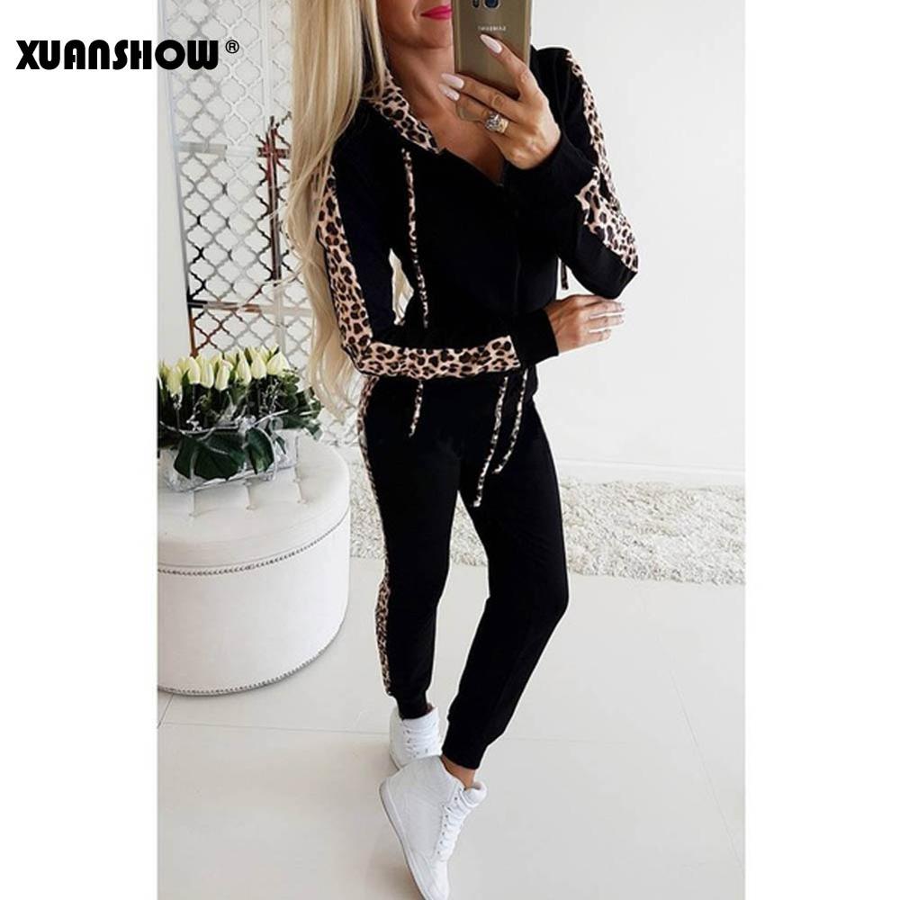 Xuanshow Herfst Winter Mode Trainingspak Vrouwen Splice Fleece Luipaard Print Jas Met Kap Twee Stukken Set Hoodies Lange Broek Pak: Black / M