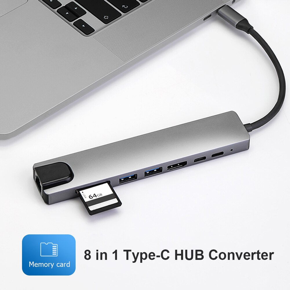 thumbnail image 2 of 8-in-1 Multiport USB-C Hub To USB 3.0 & 4K Adapter - Silver, Powered Type-C Hub 2 of 5