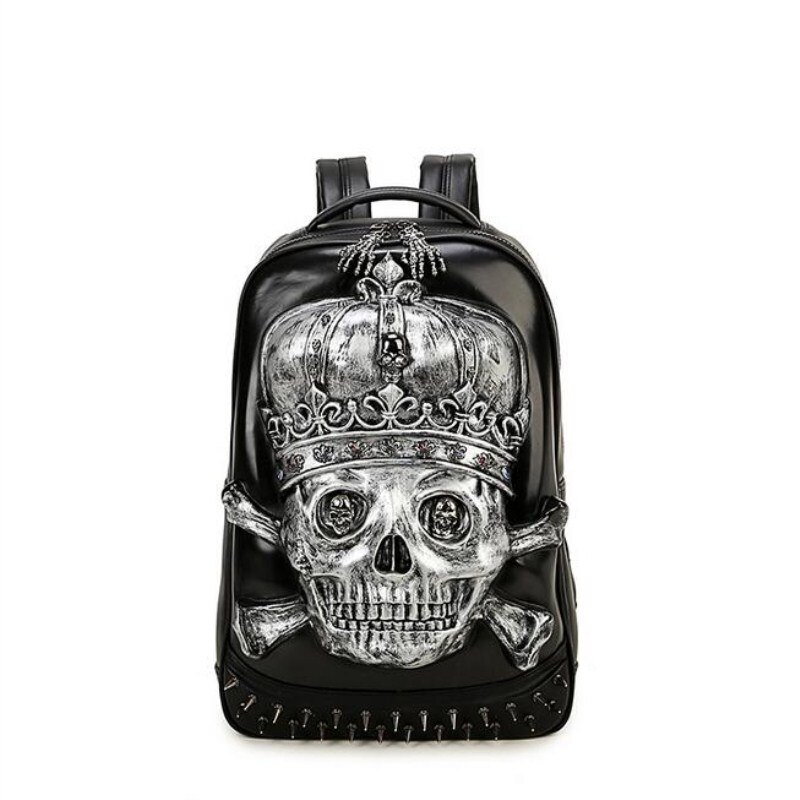 3D Backpack Men Personality Travel Backpack Gothic Crown Skull Rivet Motorcycle Ride Unique: Silver
